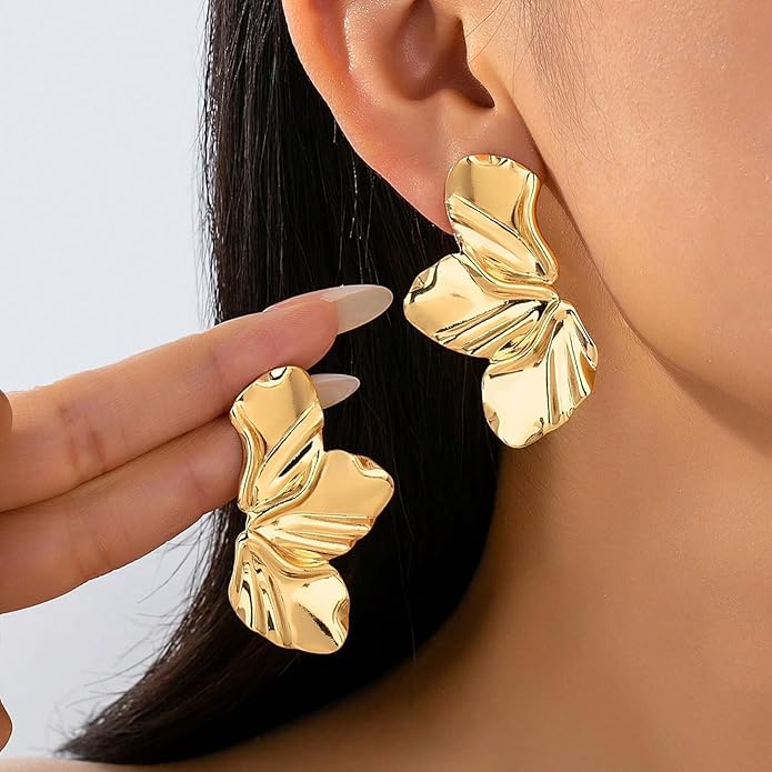 Gold Flower Statement Earrings for Women, 14K Gold Plated Large Irregular Leaf Floral, Big Chunky Dangle Earrings Set