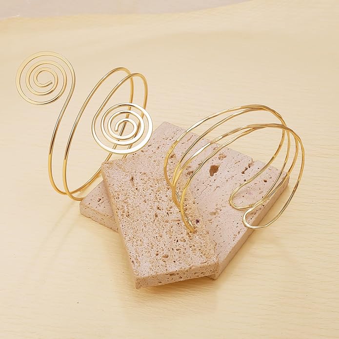 BROCC 2PCS Gold Coil Swirl Upper Arm Bracelet for Women Open Upper Arm Cuff Bangle Armlet Gold Silver Adjustable Armband Bracelet Set