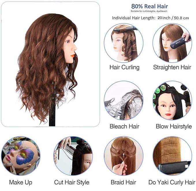 Mannequin Head with Human Hair, 18 inch Mannequin Head with Tripod Stand, Real Hair Cosmetology Makeup Hairdressing Training Head with Wig Stand Tripod, Doll Head for Hair Styling Training with Table