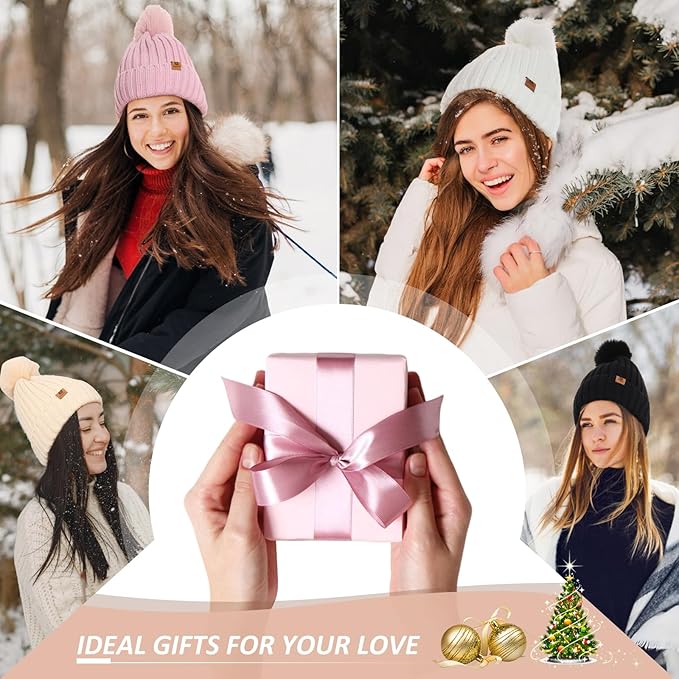 Womens Winter Beanie Hat Scarf Gloves Set Warm Knit Beanie with Pom Pom Long Scarf Touchscreen Gloves 3 in 1 Set