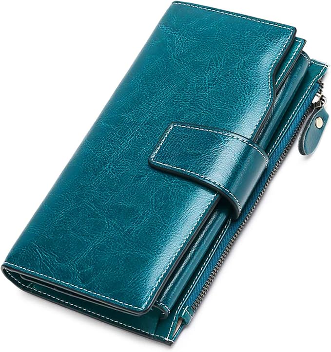 Women's Retro Long Wallet Genuine Leather RFID Blocking Large Capacity Clutch Purse in Brown (Blue)