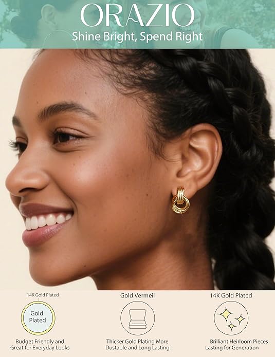 ORAZIO Chunky Gold Plated Knot Earrings for Womens Trendy 925 Silver Statement Lightweight Dangle Drop Hypoallergenic Large Geometric Stud Earring Jewelry for Women