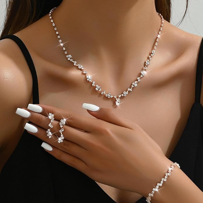 Wedding Jewelry Sets for Brides Silver Rhinestone Necklaces Earring Bracelet Set Wedding Sets for Women Prom Jewelry Sets for Women