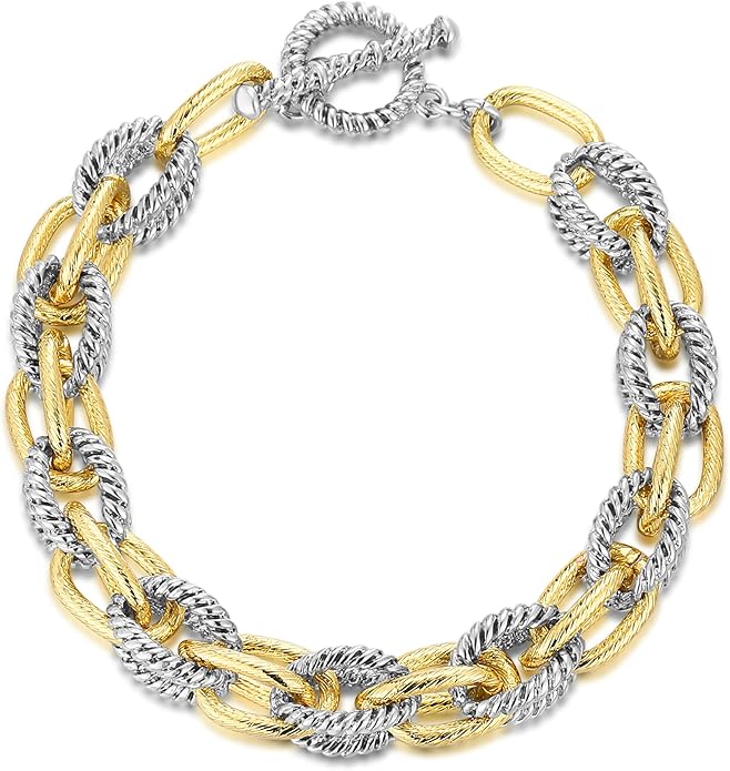 Mytys Chunky Chain Link Bracelet Two-Tone Mixed Metal Textured Toggle Clasp Statement Bangle Bracelet Jewelry for Women Fashion