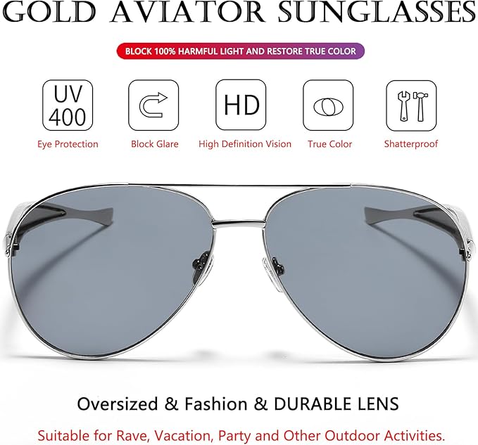 AIEYEZO Gold Aviator Sunglasses for Women Men Oversized Thick Frame Sun Glasses Fashion Retro Sardine Pilot Shades