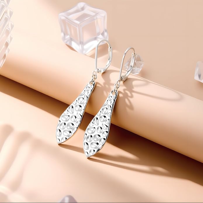 ALEXCRAFT 925 Sterling Silver Dangle Earrings for Women, 14K Gold Plated French Leverback Earrings, Hypoallergenic Lightweight Statement Hammer Square Bar Long Drop Earing for Women Trendy Jewelry
