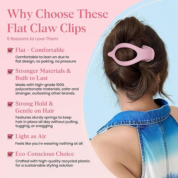 6 PCS Large Flat Hair Clips for Women Girls, French Concord Lay Down Claw Clips for Thick Thin Hair, Comfortable Curved Lay Flat Clips, Matte Non-slip Strong Hold Hair Accessories, Colorful