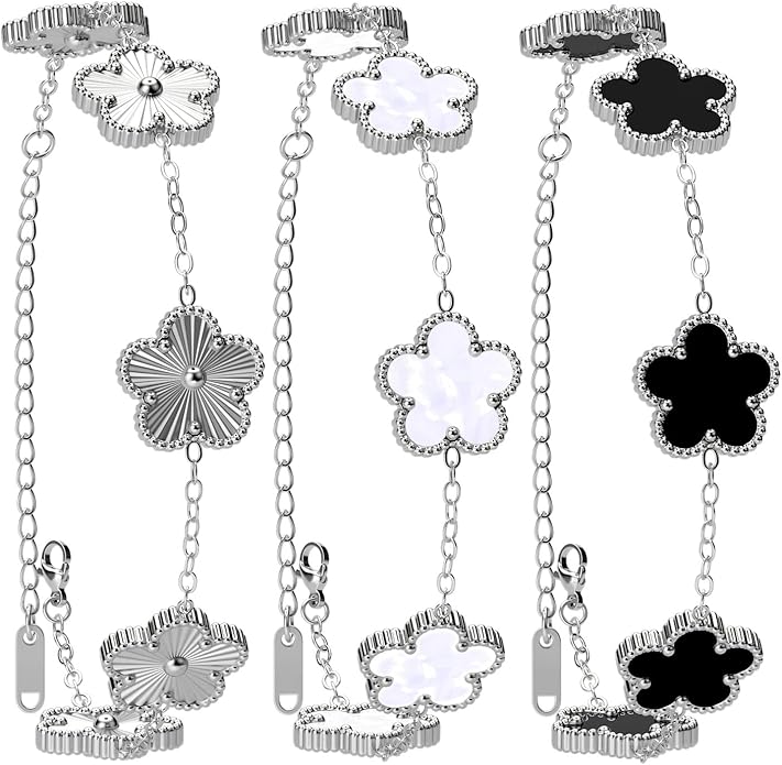 AICase 18K Gold Plated Clover Bracelet Dupes White/Black/Silver Bracelet Set for Women Flower Leaf Lucky Clover Bracelets Trendy Jewelry Birthday Gifts for Women/MoM/Daughter/Nana/Besties/Friends
