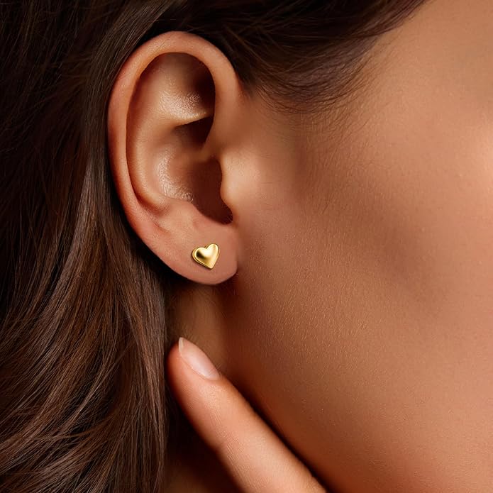 Zeffy Hypoallergenic 925 Sterling Silver/14K Gold Plated Stud Earrings, Dainty Simple Heart Earrings for Women Girls