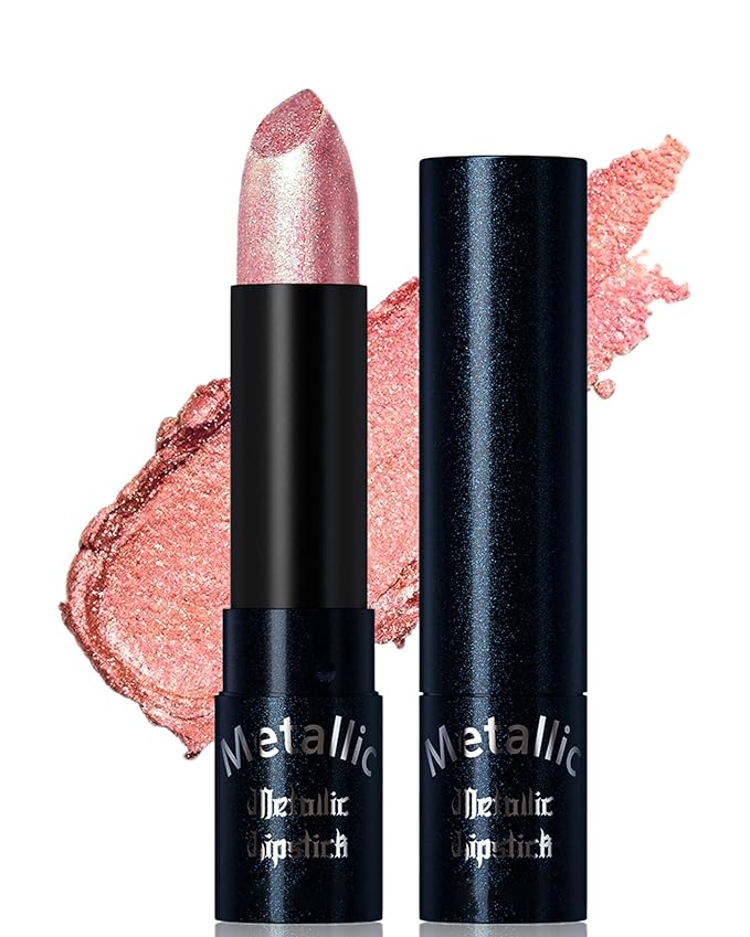 Glitter Metallic Lipstick Shimmer Lip Stick Long Lasting,Peach Pink Diamond Cream Shimmer Tinted Lip Gloss High Pigmented,Metallic Matte Red Lipcolor Stain Women Christmas Non Stick Lips Makeup-02