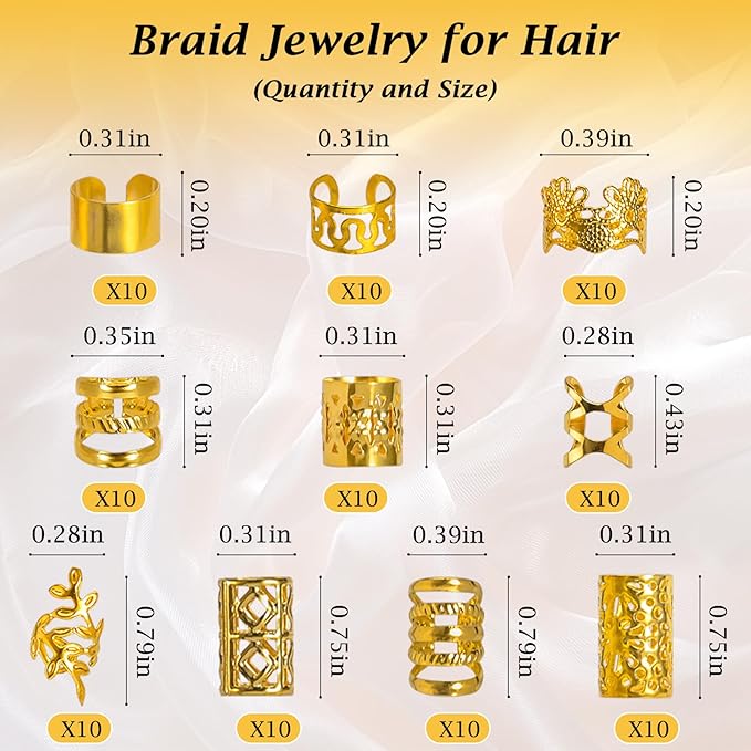 100PCS Gold Hair Jewelry for Women Braids, Hair Accessories for Girls Women, Assorted Gold Hair cuffs Ear Clips Loc Beads for Hair Decoration
