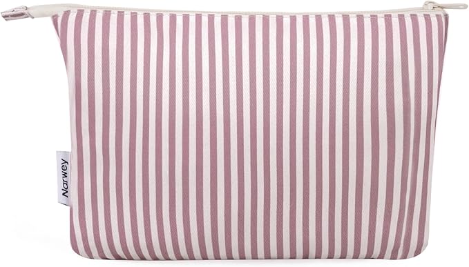 Narwey Small Striped Makeup Bag for Purse Travel Makeup Pouch Cosmetic Bag Zipper Pouch Bags for Women (Dusty Pink Stripe)