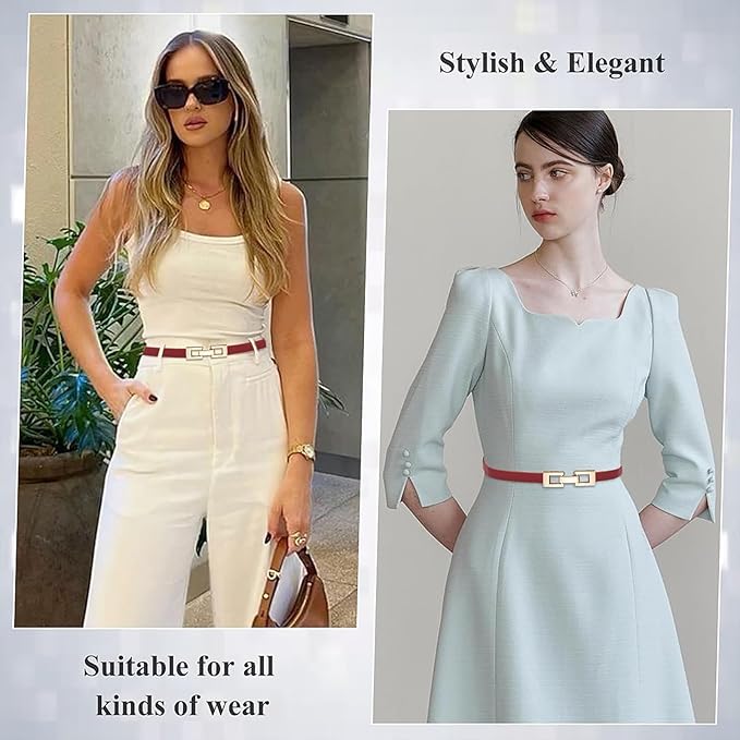 Glamorstar Skinny Belts for Women Thin PU Leather Waist Belt with Gold Buckle for Dresses