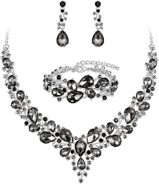 BriLove Wedding Bridal Jewelery for Women Austrian Crystal Teardrop Cluster Statement Necklace Dangle Earrings Link Bracelet Set