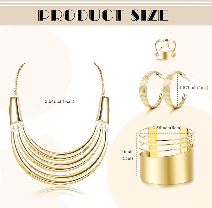 JOERICA Bib Choker Necklace Silver Gold Jewelry Set Wide Cuff Bangle Bracelet Open Hoop Earrings Adjustable Ring Chunky Silver Gold Statement Costume Jewelry Set for Women