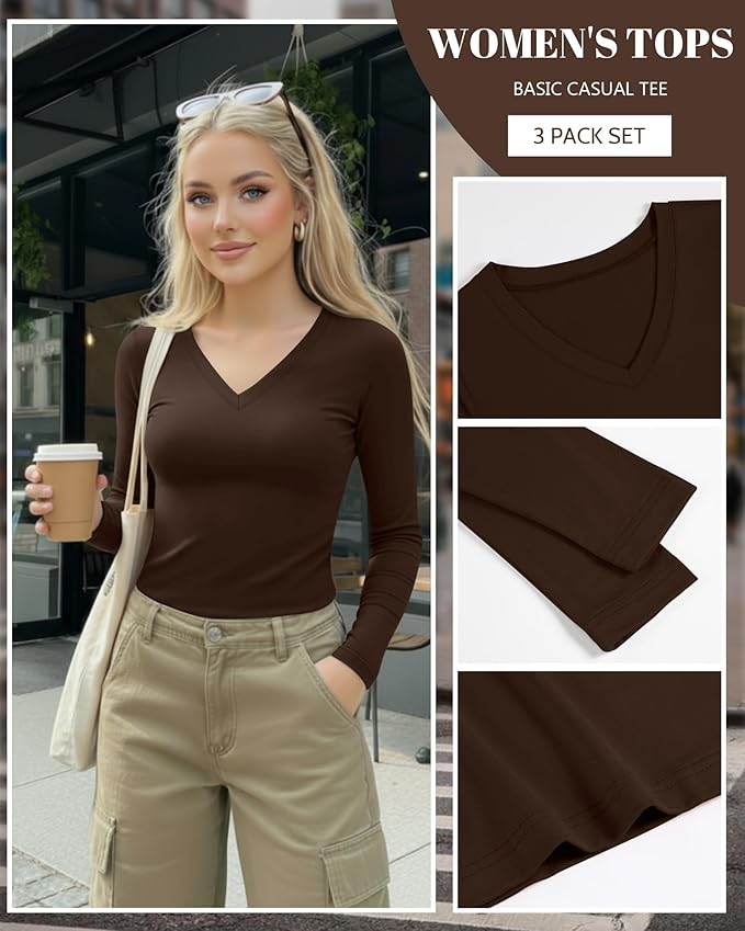 Ficerd 3 Pack Women's Long Sleeve Shirts, V Neck Basic Tees Slim Fitted Casual Fall Tops Going Out Blouses T Shirts