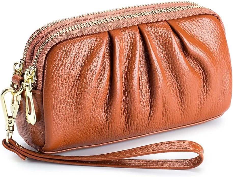 Genuine Leather Wristlet for Women, Ruched Clutch Wallet Purse, Compact Ladies Wristlet with Card Slots