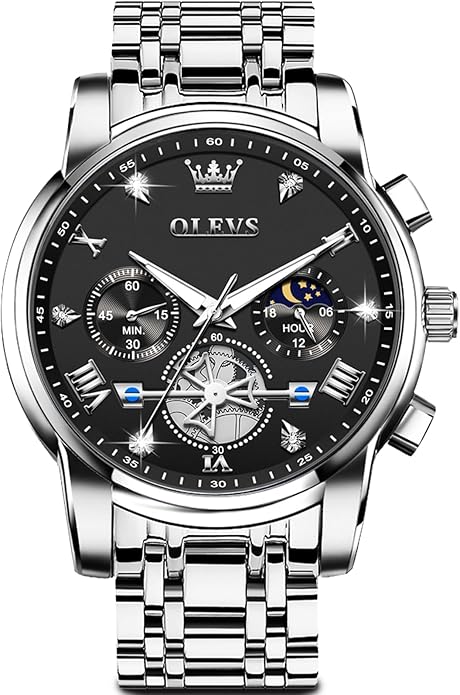 OLEVS Men Silver Watches,Men's Stainless Steel Chronograph Watch,Man Analog Quartz Big Face Male Watches Luxury Waterproof Roman Numeral Dress Diamond Relojes para Hombre