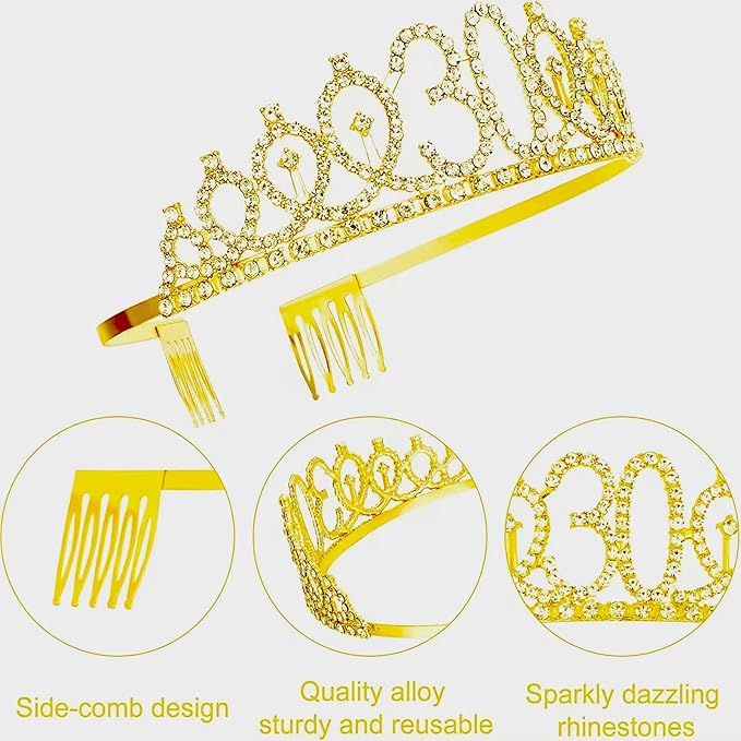30th Birthday Decorations for Her Girls Set, Include 30th Birthday Crown and 30 Sash, 30th Birthday Cake Topper and 30 Birthday Candles, Gold 30 Balloons, Women 30th Party Supplies(Gold)