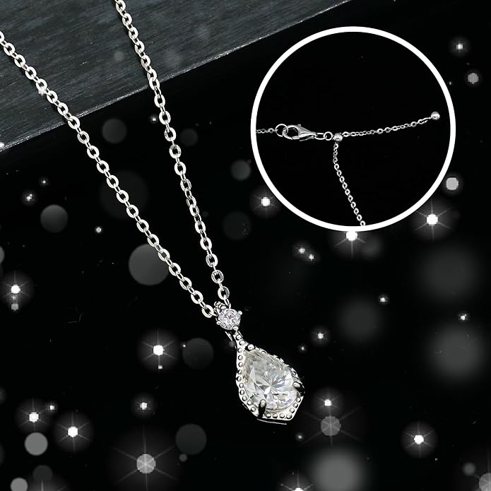 Moissanite 925 Sterling Silver Pendant Necklace 0.5-1 Carat Round Pear Cut, Dainty Elegent D Color Dancing Style with Bead Adjustable Chain Necklace for Women