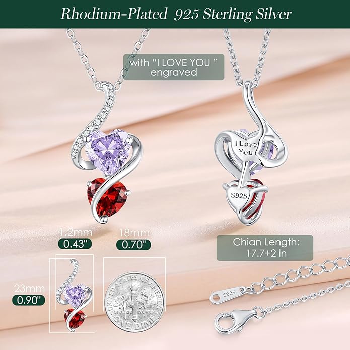 LOUISA SECRET Unique Double Heart Necklace Gifts for Wife Women, 925 Sterling Silver Tiny Birthstone Pendant Jewelry Gift for Her Girlfriend Mom Valentine's Day Anniversary Mother's Day Birthdays & Christmas