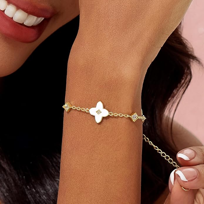 Cicy Bell Womens 18k Gold Plated White Shell Cubic Zirconia Square Cross Adjustable Chain Link Bracelets 6.69" with 2" Extender