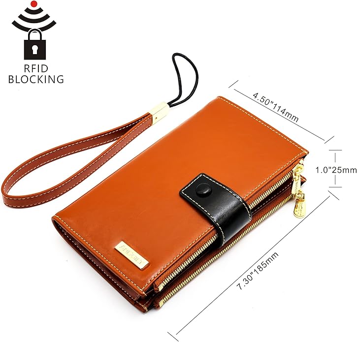 ANDOILT Wallet Women RFID Blocking Genuine Leather Bifold Multi Card Organizer Wristlet Purse Cell Phone Handbag