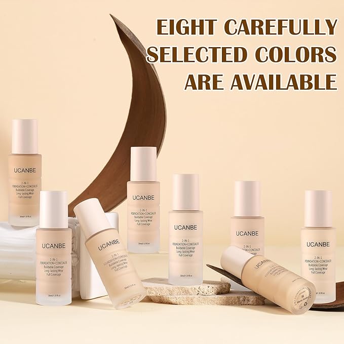 UCANBE 2-IN-1 Foundation + Concealer, Full Coverage Long-Lasting Matte Makeup for Normal, Combination and Oily Skin, Buildable Waterproof Formula with Hyaluronic Acid （05 Nude Beige）