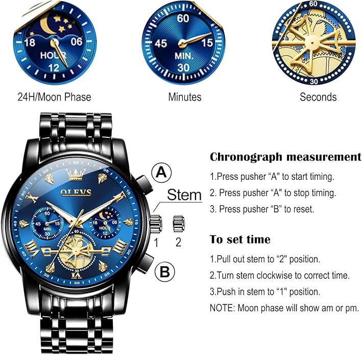 OLEVS Men Watches Stainless Steel Chronograph Watch, Large Wrist Analog Quartz Watch, Fashion Waterproof Diamond Roman Numerals Dress Watches for Men, Gold/Black/White/Blue/Grey Dial