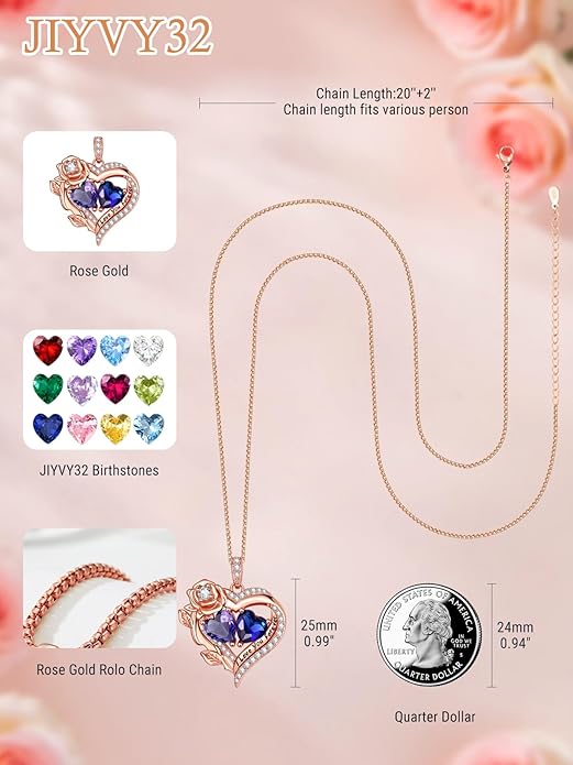 Rose Heart Necklaces for Women, Rose Gold Forever Love Jewelry with 2 Birthstones Pendant, Christmas Anniversarry Birthday Gifts for Her Wife Mom Grandma, 18+2 Inch Chain