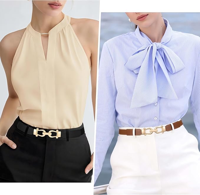 JASGOOD Women Skinny Elastic Belt for Dresses,Thin Retro Stretch Waist Belt with Golden Buckle