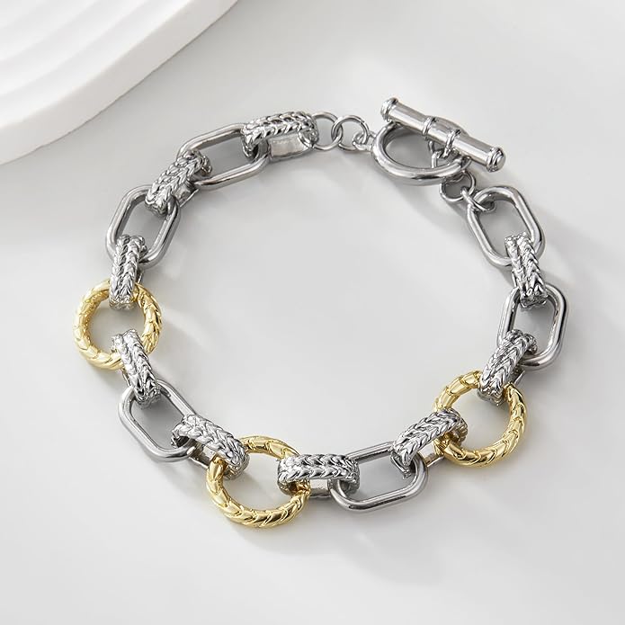 Mytys Chunky Chain Link Bracelet Two-Tone Mixed Metal Textured Toggle Clasp Statement Bangle Bracelet Jewelry for Women Fashion