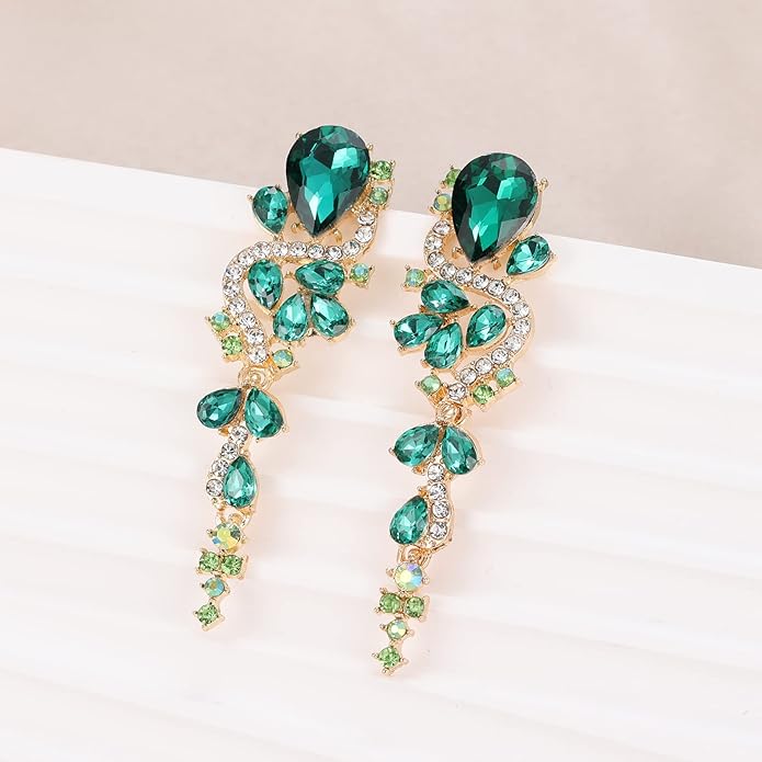 Fashion Rhinestone Statement Drop Dangle Earrings Long Colorful Crystal Bridal Wedding Teardrop Chandelier Earrings for Women Prom Pageant