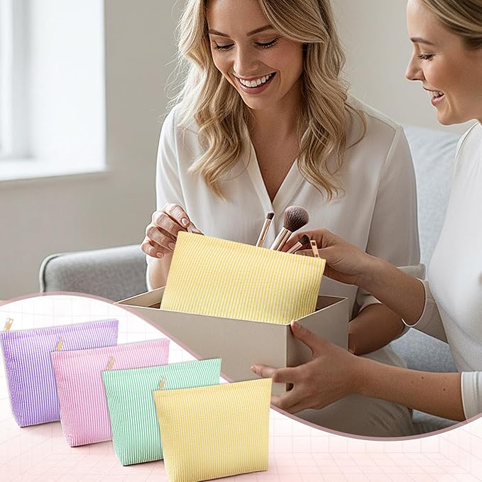 Sanwuta 4 Pcs Seersucker Cosmetic Bag Seersucker Makeup Bag Women Stripe Large Travel Toiletry Organizer Preppy Storage Pouch for Wedding Bridesmaid Bride Mom (Pink, Green, Yellow, Purple)
