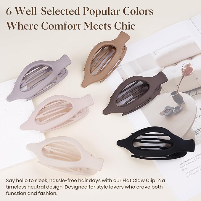 6 PCS Large Flat Hair Clips for Women Girls, French Concord Lay Down Claw Clips for Thick Thin Hair, Comfortable Curved Flat Clips, Matte Non-slip Strong Hold Hair Accessories, Neutral