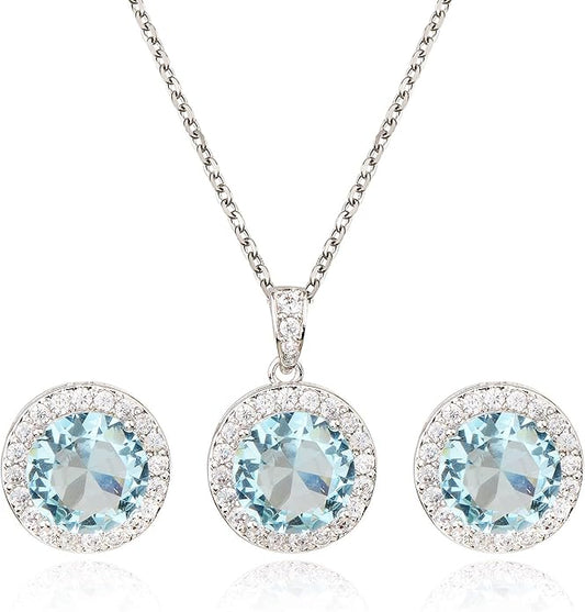 Bridal Crystal Jewelry Set - Sterling Silver Round Cubic Zirconia CZ Rhinestone Halo Birthstone Pendant Necklace Stud Earrings Set for Wedding Bride Bridesmaids Birthday Gift