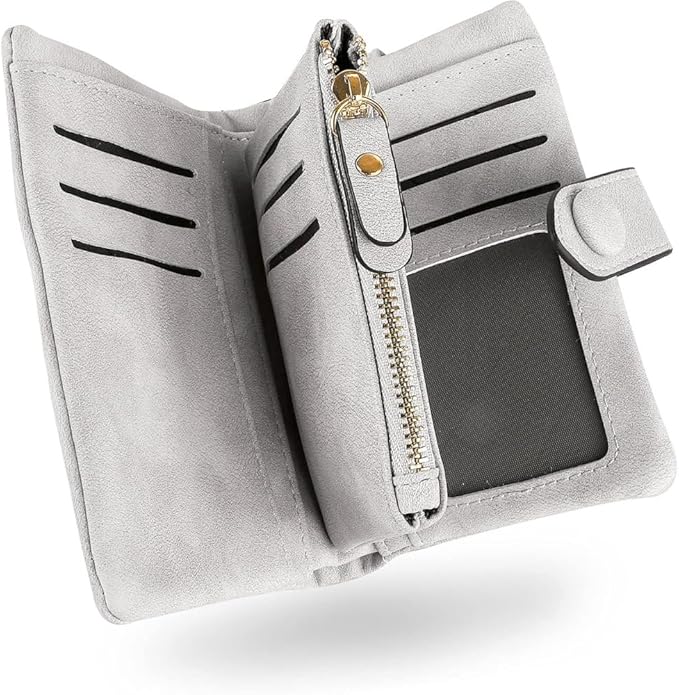 Women's Leather Wristlet Wallet, Bifold RFID Purse with ID Window, Zipper Coin Pocket for Daily Essentials (grey)
