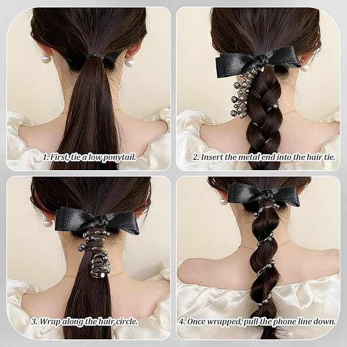3PC Pearl Butterfly Telephone Wire Hair Ties – Spiral Elastic Bubble Ponytail Hair Bands for Women & Girls, No Damage, Soft & Stretchy Hair Accessories for High Ponytails and Braids (set-D)