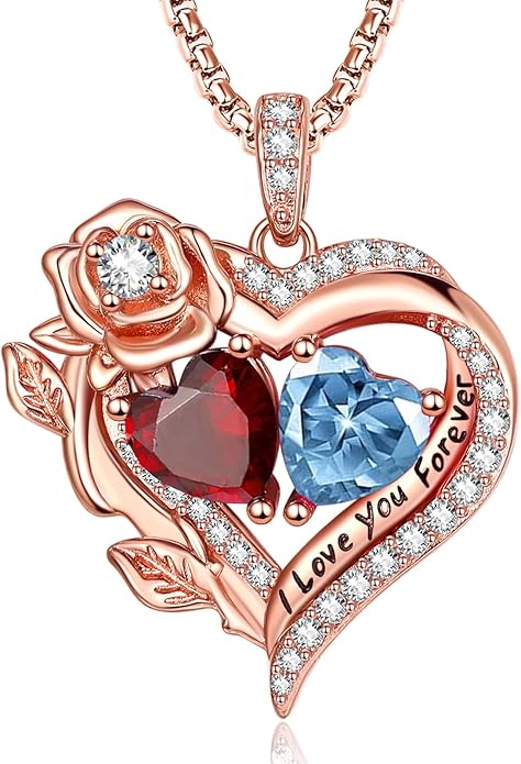 Rose Heart Necklaces for Women, Rose Gold Forever Love Jewelry with 2 Birthstones Pendant, Christmas Anniversarry Birthday Gifts for Her Wife Mom Grandma, 18+2 Inch Chain