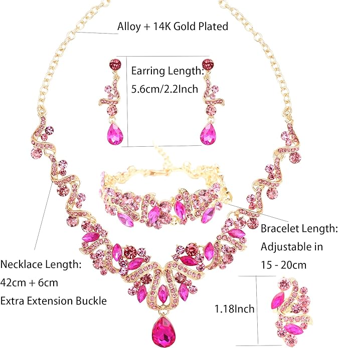 Jewelry Set for Women, Statement Necklace Dangle Earrings Bracelet Ring, White/KC Gold Plated Jewelry Set with Rhinestone Pearl Crystal Wedding Party Jewelry for Bridal Bridesmaid