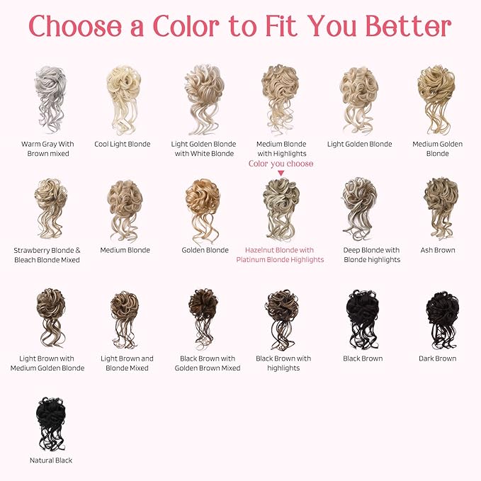 HOOJIH 2PCS Messy Bun Hair Piece, Tousled Updo with Tendrils Hair Bun Extensions Wavy Curly Hair Wrap Ponytail Hairpieces for Women HB010 Dasiy - Hazelnut Blonde with Platinum Blonde Highlights
