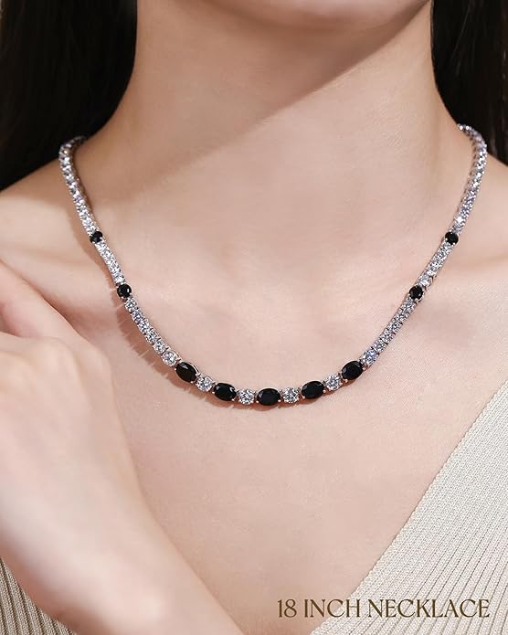 FANCIME Sterling Silver Tennis Necklace 4mm 18 inch Birthstone Necklace with 6 * 8mm Oval Gemstone Luxury Fine Birthday Jewelry Gifts for Women