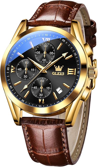 OLEVS Men's Casual Leather Watch, Big Face Chronograph Watch for Men, Fashion Easy to Read Dress Watch, Men's Waterproof Luminous Date Analog Watch, Gold/Black/White/Blue Dial