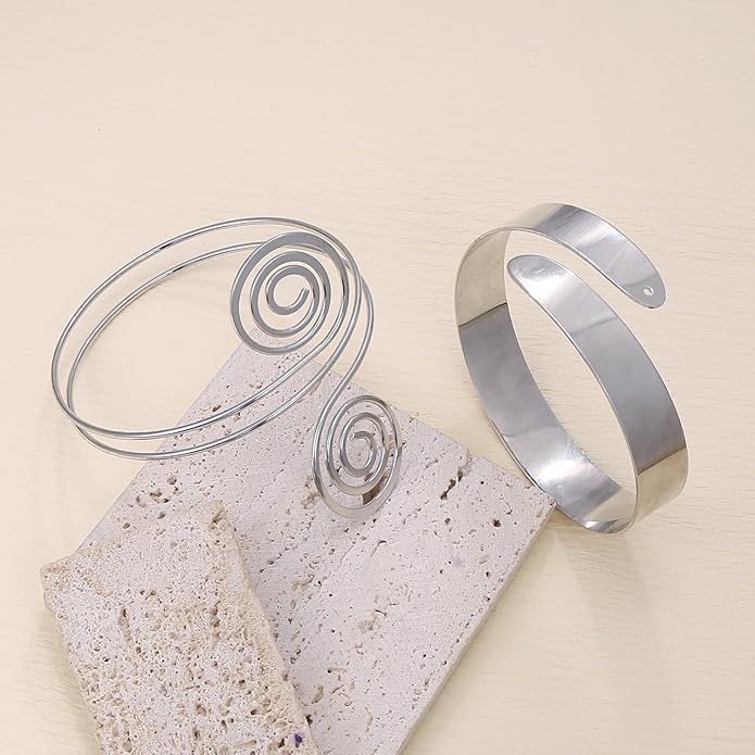 BROCC 2PCS Gold Coil Swirl Upper Arm Bracelet for Women Open Upper Arm Cuff Bangle Armlet Gold Silver Adjustable Armband Bracelet Set