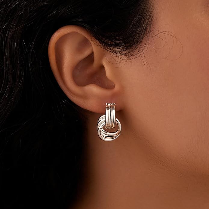 Gold Plated Statement Chunky Dangle Stud Earrings for Women, Gold Plated Hoop Knot Claw Earrings Tarnish Free Jewelry for Women Gifts