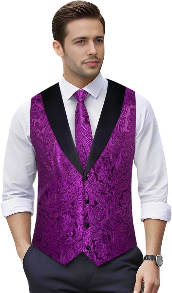 DiBanGu Mens Paisley Suit Vest Silk Jacquard Waistcoat and Necktie Set Formal Shawl Collar Dress Vest 7PCS for Wedding Party