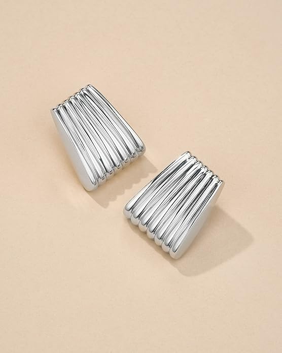 18K gold plated Chunky Statement Earrings for Women by SNGIA, Small Handmade Trendy Stud Ribbed Jewelry Gifts, Rectangle Huggies Fashion Button Accessories, Vintage Thick Square Nickle Free Huggie Earring.