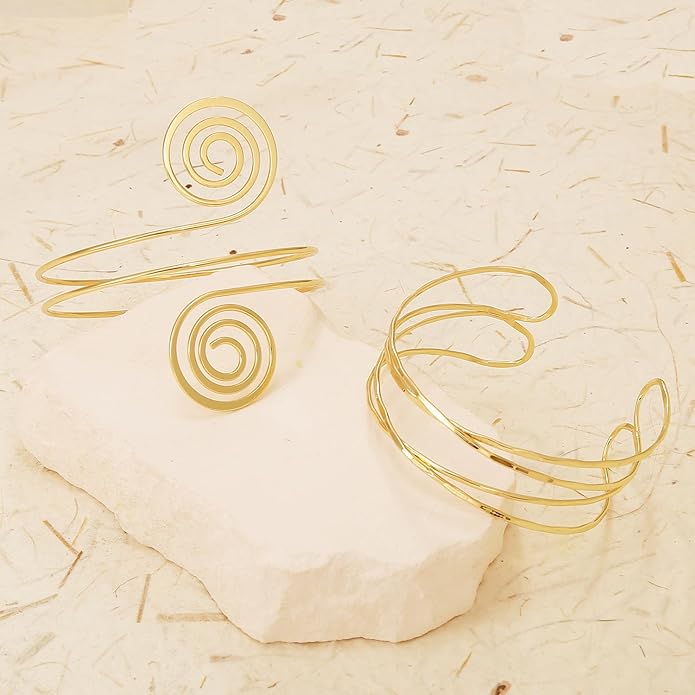 BROCC 2PCS Gold Coil Swirl Upper Arm Bracelet for Women Open Upper Arm Cuff Bangle Armlet Gold Silver Adjustable Armband Bracelet Set