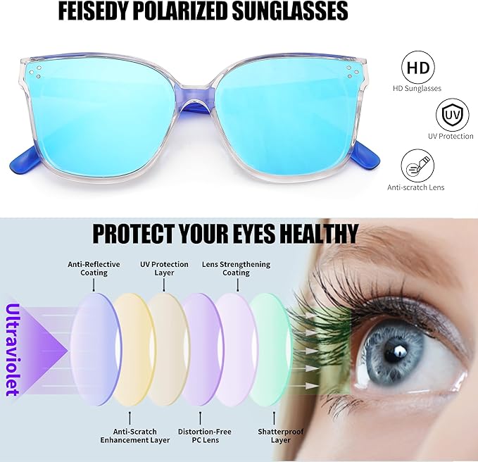 FEISEDY Oversized Polarized Sunglasses - UV400 Protection, Square Fashion Sun Glasses for Outdoor & Daily B2600