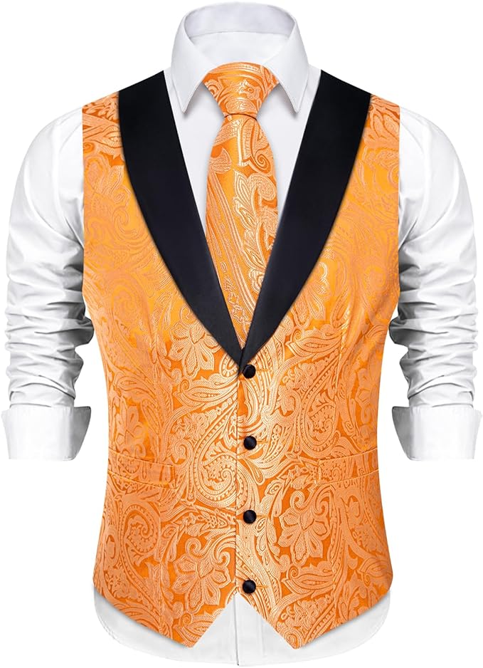 DiBanGu Mens Paisley Suit Vest Silk Jacquard Waistcoat and Necktie Set Formal Shawl Collar Dress Vest 7PCS for Wedding Party